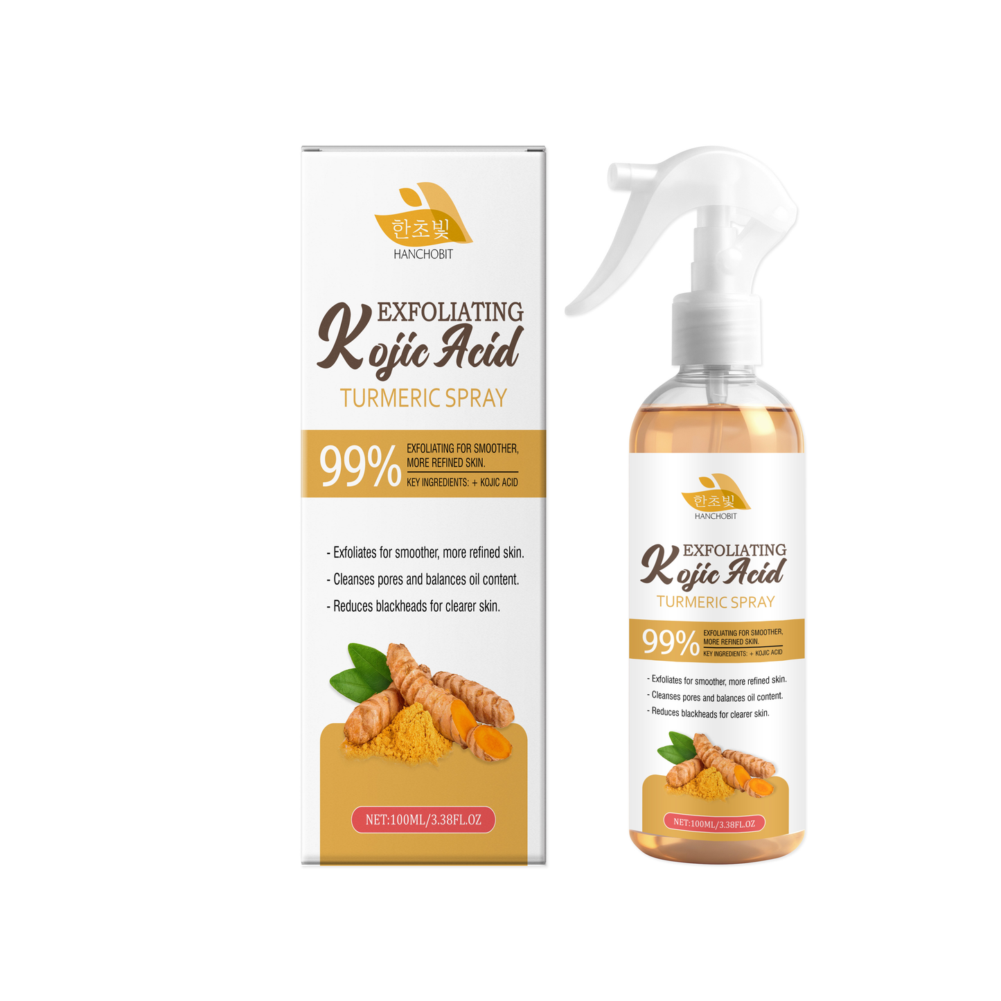 HANCHOBIT Exfoliating Kojic Acid Turmeric Spray | With Multiple Acids (Kojic, Salicylic, Lactic) & Turmeric Extract | Oil Control, Pore Cleansing, Skin Refining, Blackhead Reduction -V